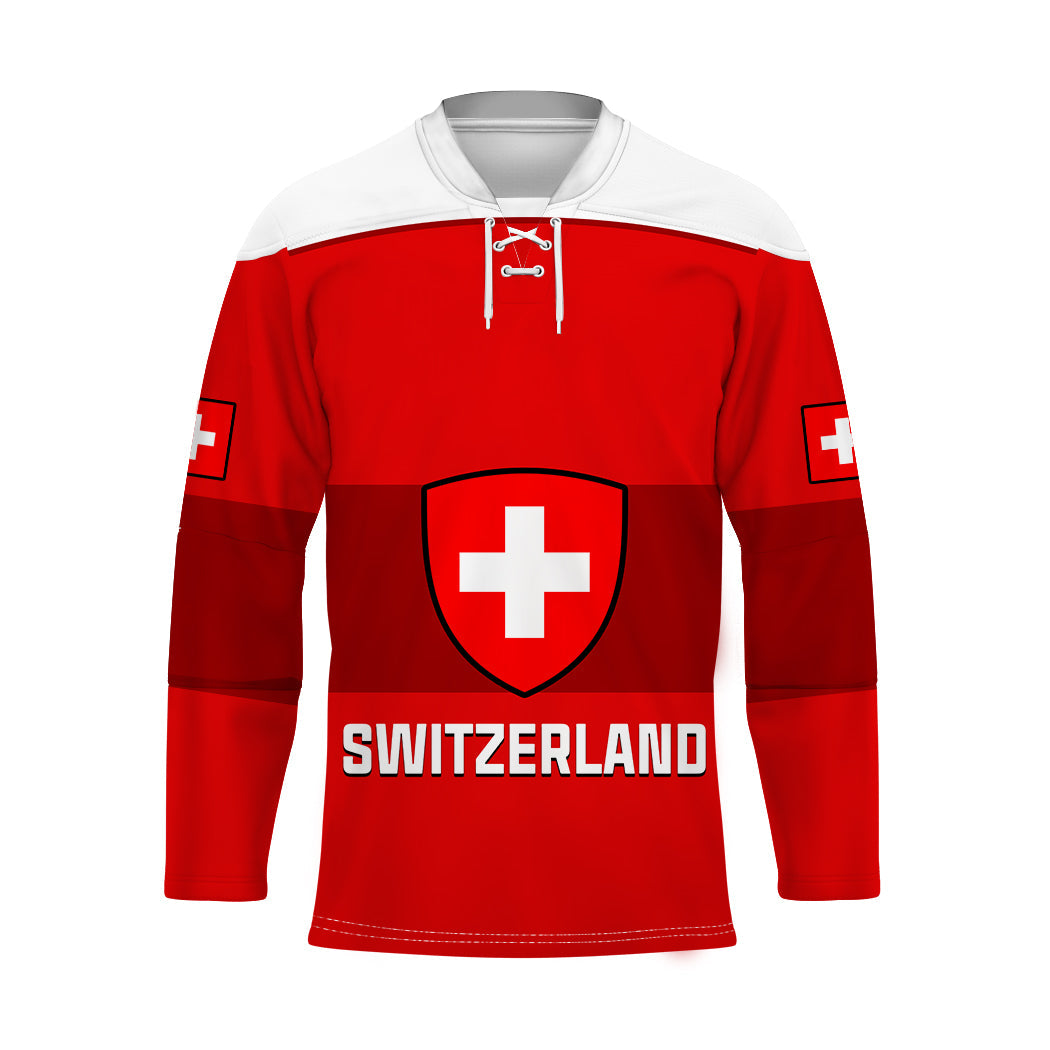 Red unisex hockey jersey with Switzerland crest, SWITZERLAND text, and white drawcord
