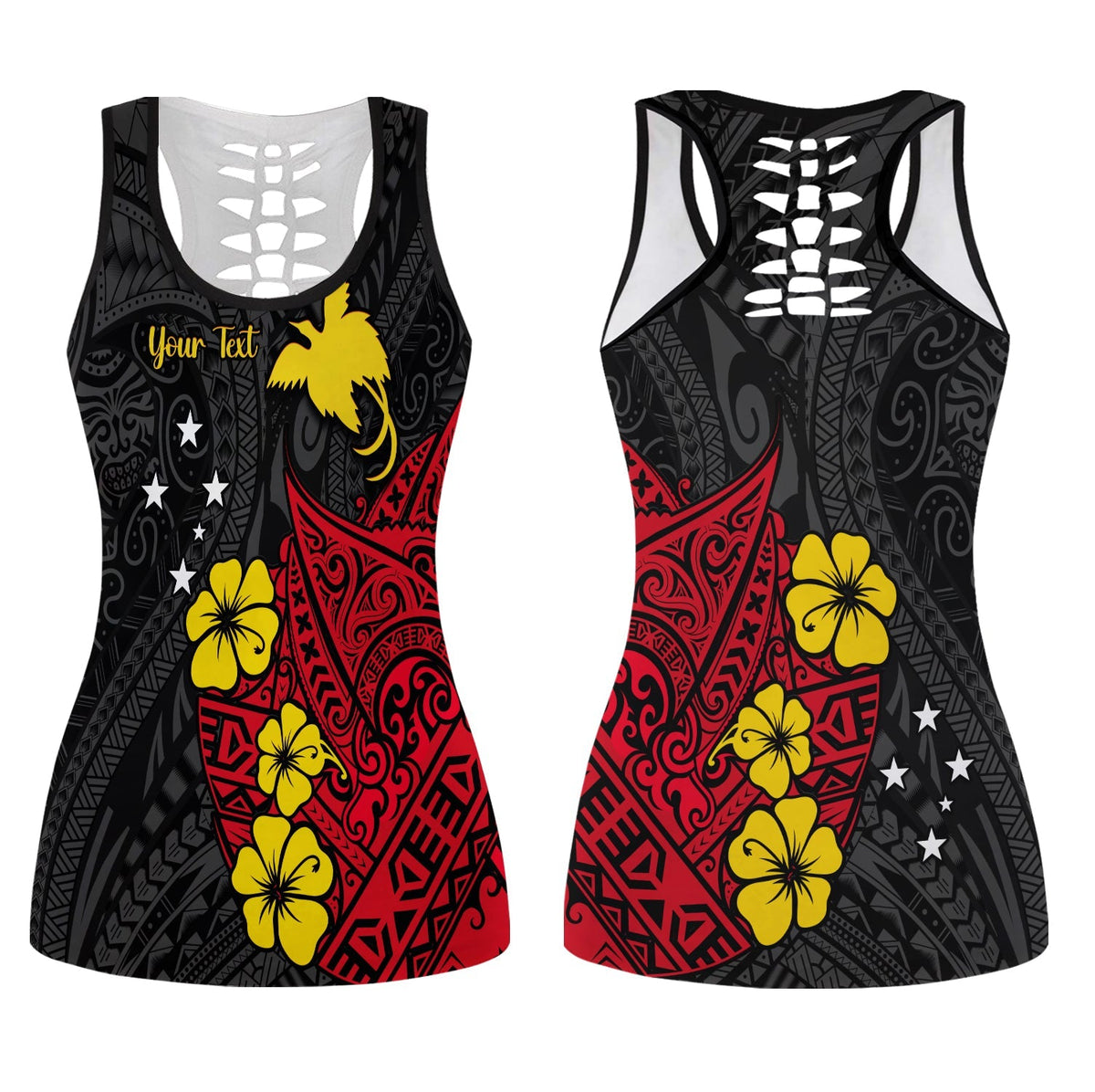 Black hollow tank top with red tribal print, yellow flowers and birds-of-paradise graphic