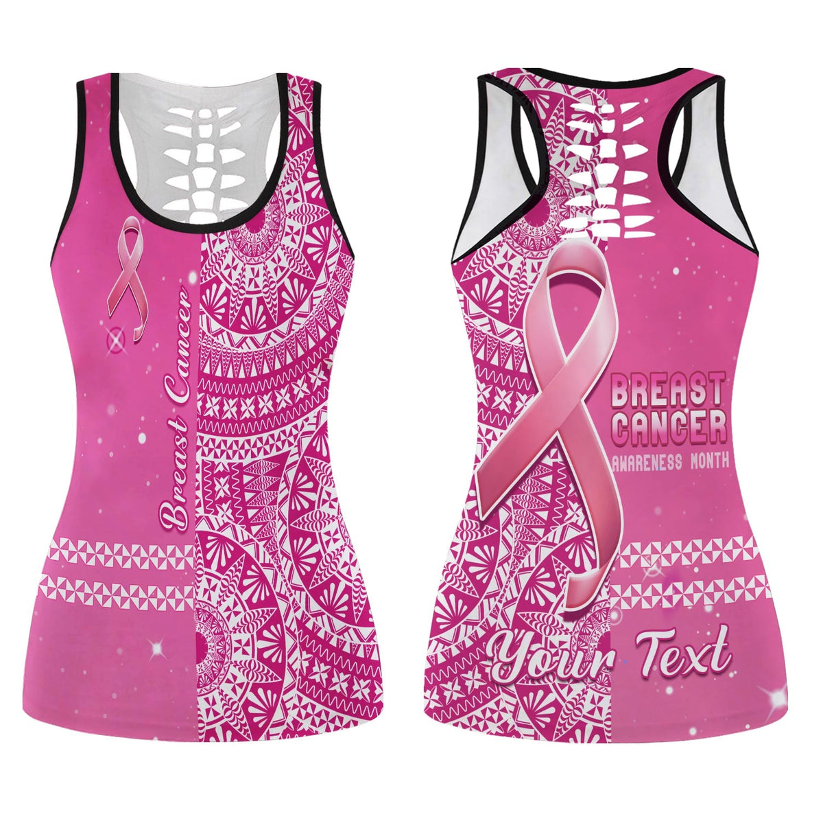 Women’s pink hollow tank top with black trim, Tongan ngatu pattern and breast cancer ribbon graphic