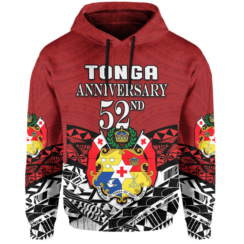 Red pullover hoodie with front crest, 'Tonga Anniversary 52nd', and drawstring hood