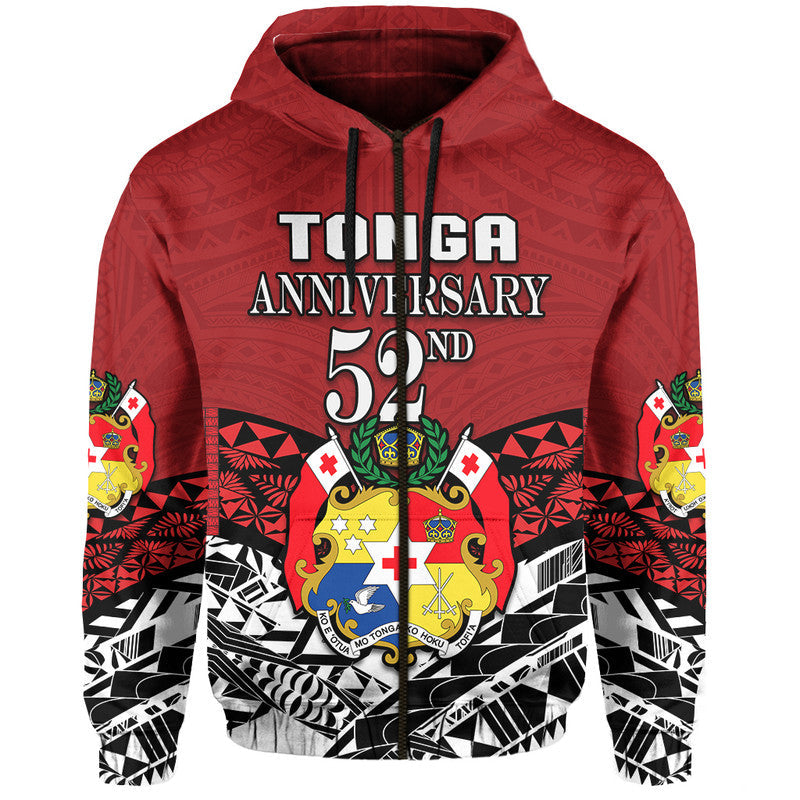 Red pullover hoodie showing central crest and 'Tonga Anniversary 52nd' graphic