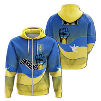 Blue zip hoodie with Ukraine flag-style print, yellow hood and zipper, black fist graphic