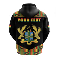 Black zip hoodie with Ghana crest, Kente stripe trim, and 'YOUR TEXT' on back.