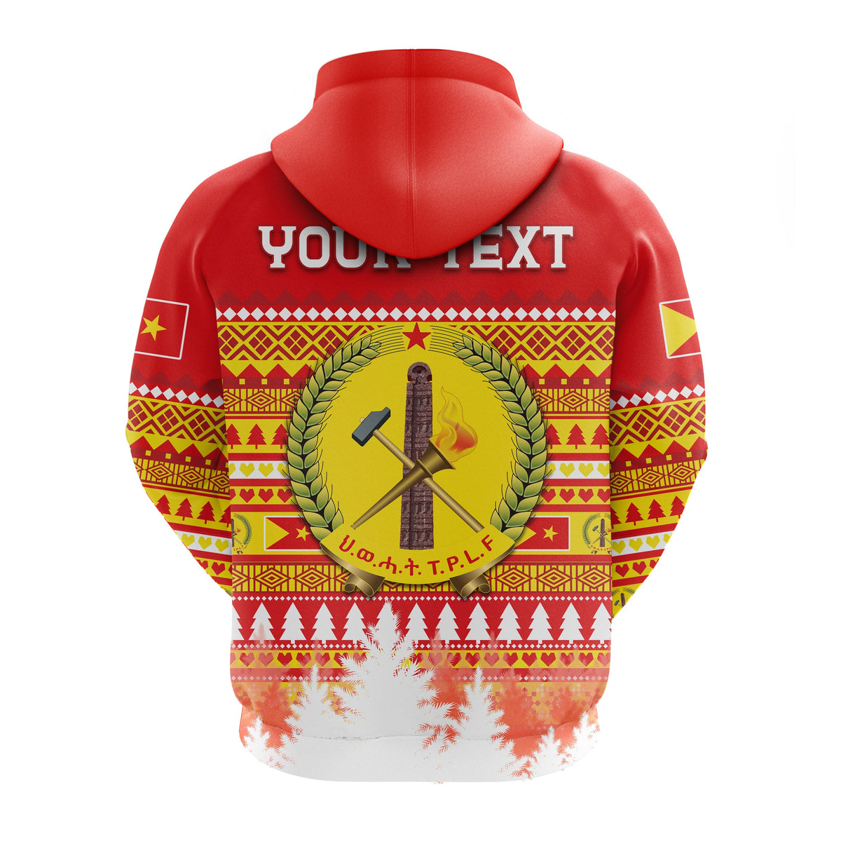 Red zip hoodie back close-up with laurel emblem, crossed tools, and Christmas tree bands