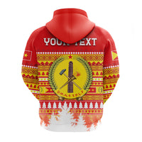 Red zip hoodie back close-up with laurel emblem, crossed tools, and Christmas tree bands