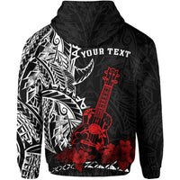 Sudadera con capucha negra con ukelele rojo, flores rojas y texto “YOUR TEXT”