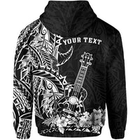 Schwarz bedruckter Zip-Hoodie mit großer Ukulele-Grafik, Blumen und „YOUR TEXT“