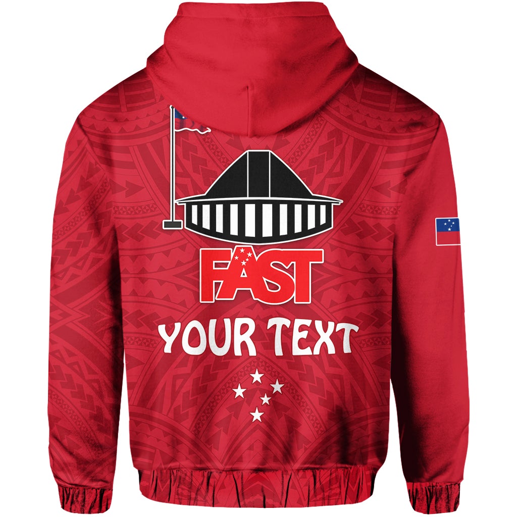 Red zip hoodie back view with large FAST and custom text print and patterned hood