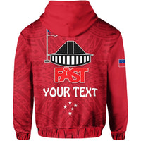 Red zip hoodie back view with large FAST and custom text print and patterned hood