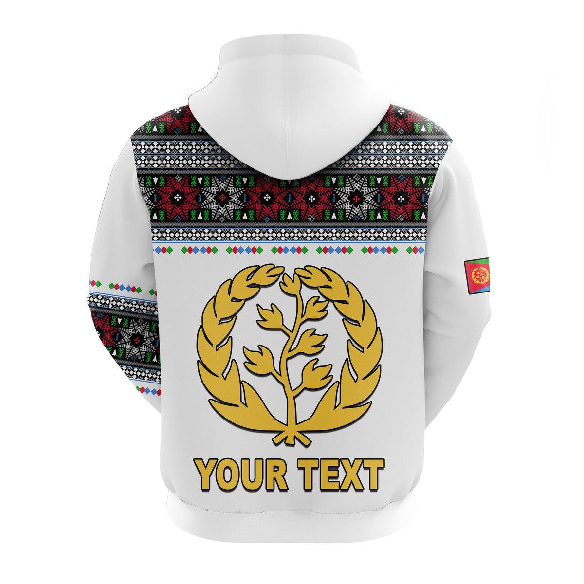 Weiße Zip-Hoodie Rückansicht mit Kranzmotiv und „YOUR TEXT“ Schrift.