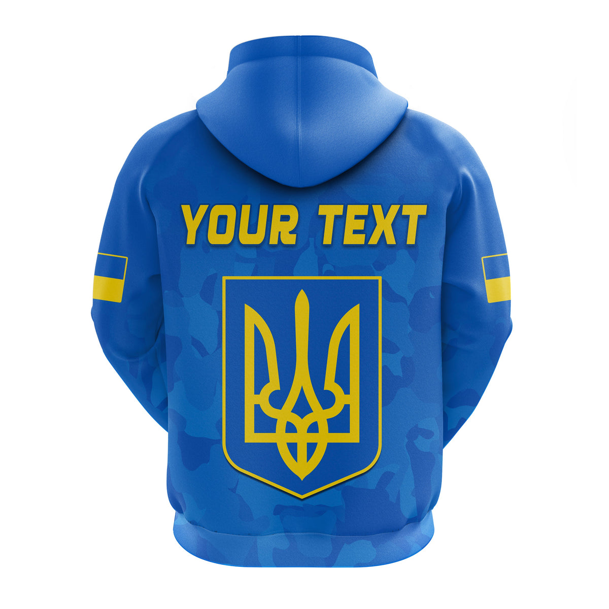 Blue hoodie back: YOUR TEXT over yellow trident shield logo