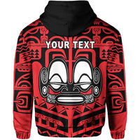 Back view red and black hoodie with large “YOUR TEXT” tribal face graphic and hood