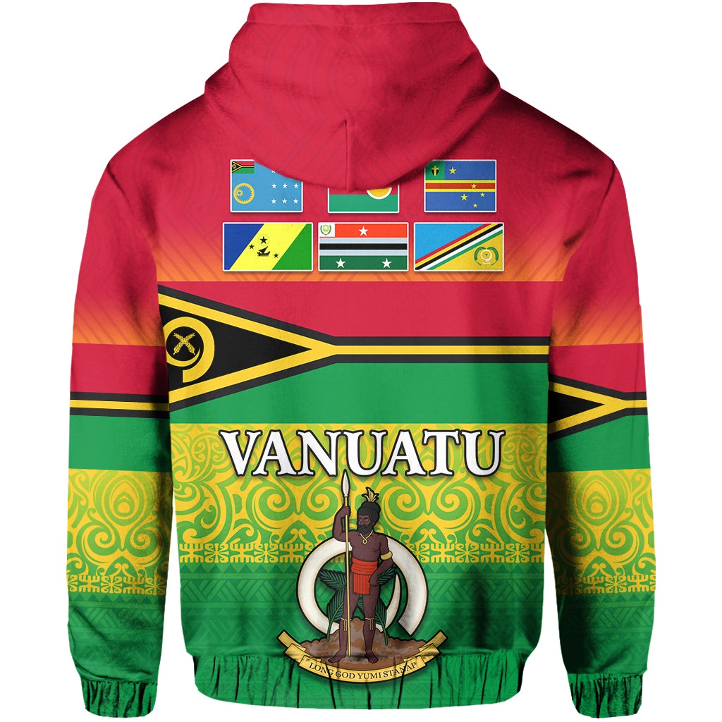 Red zip hoodie back print with Vanuatu text, country flags strip, and central figure
