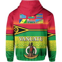 Red zip hoodie back print with Vanuatu text, country flags strip, and central figure