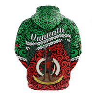 Green zip hoodie back view with Vanuatu graphic, hood and ornate swirls