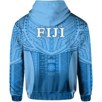Blue pullover hoodie back with large 'FIJI' text and geometric pattern