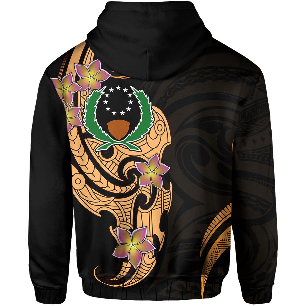 Black pullover hoodie with tropical floral tribal graphic, back