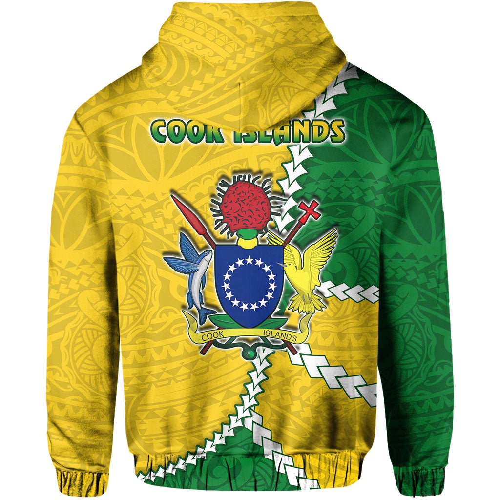 Back view of yellow zip hoodie with green accents and Cook Islands graphic