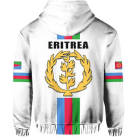 Eritrea pullover hoodie back, white with ERITREA text and multicolor crest circle.