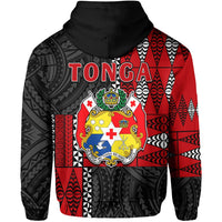 Red and black Tonga pullover hoodie back with large crest and 'TONGA' print