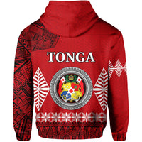 Red zip hoodie back with large TONGA text and crest emblem