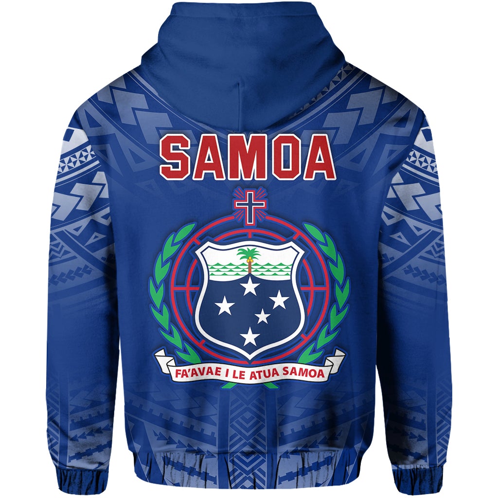 Blue pullover hoodie with Samoa crest badge, laurel accents, and 'FA'AVAE I LE ATUA SAMOA' banner