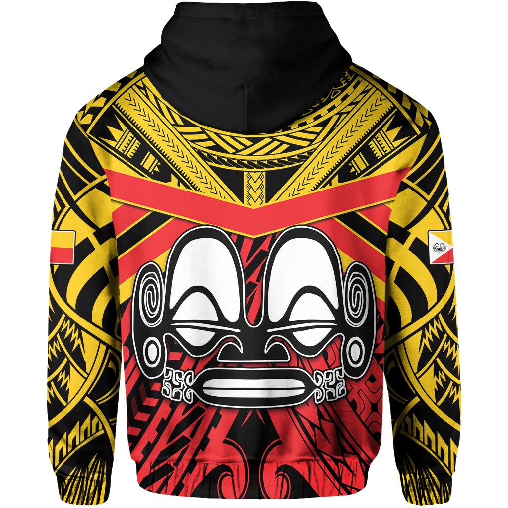 Red zip hoodie back with tribal face graphic and geometric pattern details