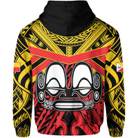 Red zip hoodie back with tribal face graphic and geometric pattern details