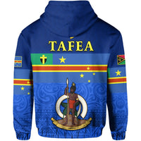 Blue pullover hoodie back print with 'TAFEA' text and spear warrior emblem
