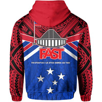 Red hoodie back with FAST Samoa flag print and blue star emblem, drawstring hood