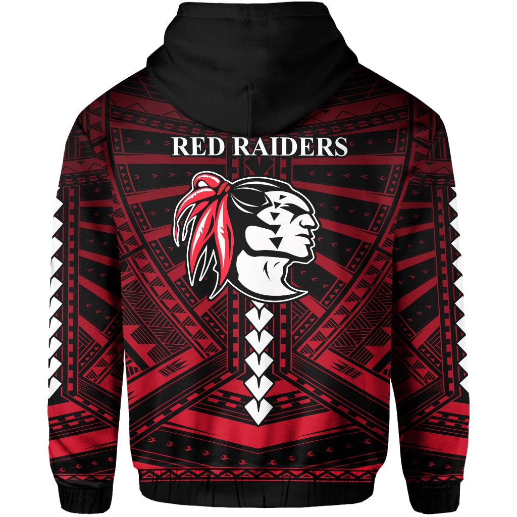 Black hoodie back with red tribal pattern and “Red Raiders” text under hood