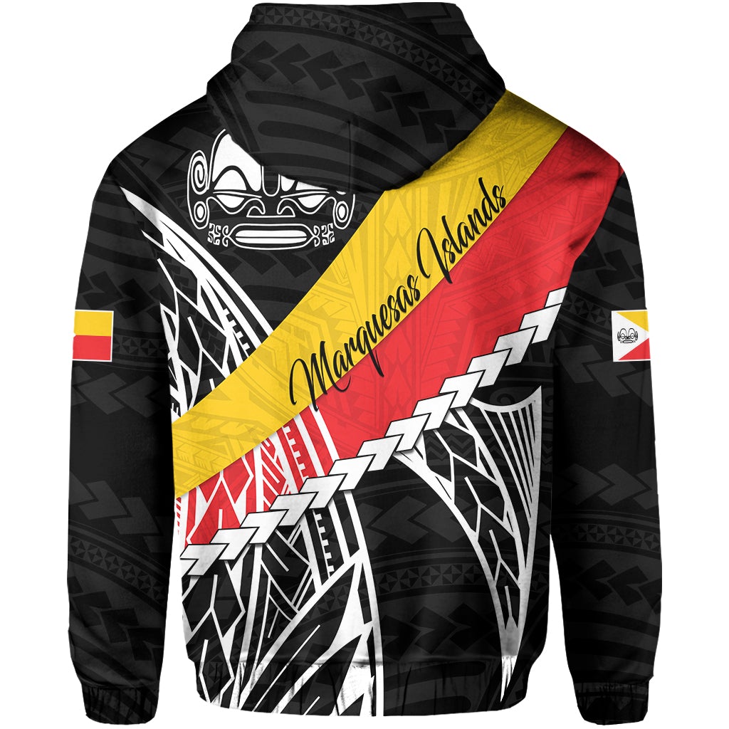 Black zip hoodie with red/yellow diagonal graphic print and script, back