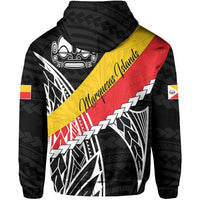Black zip hoodie with red/yellow diagonal graphic print and script, back