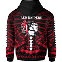 Black zip hoodie back with red tribal Raiders print and large logo, hood