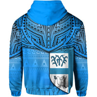 Back of blue pullover hoodie with tribal print, palm motif, and bird graphic