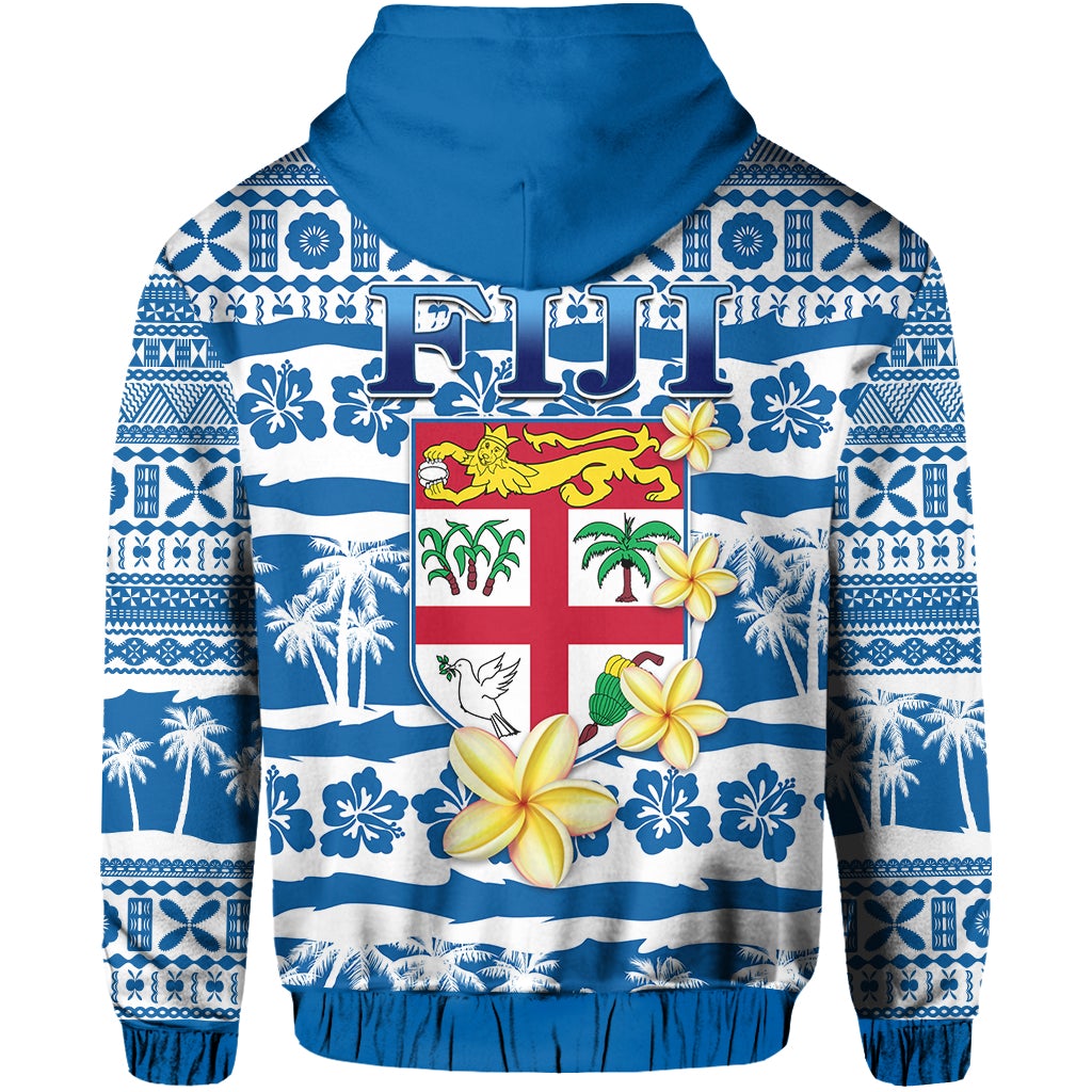 Blue pullover hoodie with hood, white-and-blue Polynesian tapa stripe graphic