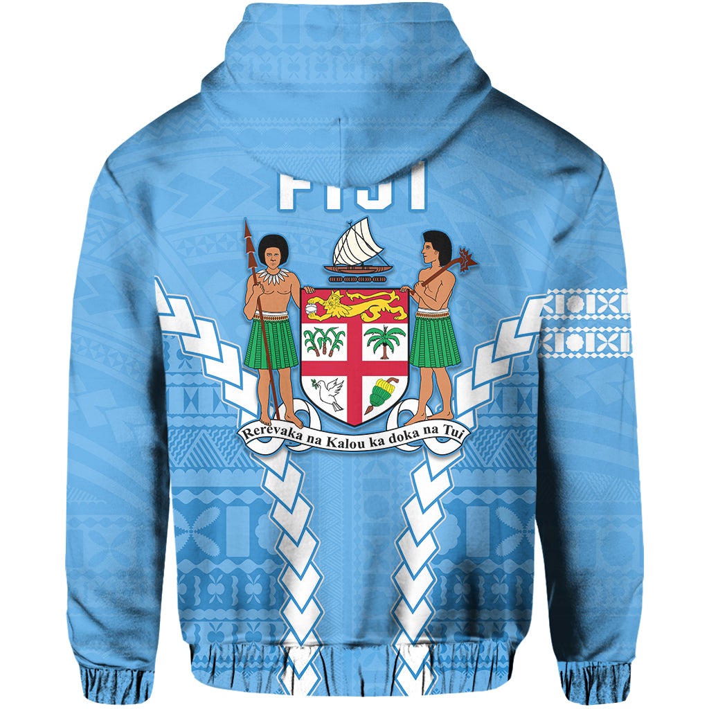 Blue zip hoodie back view with large Fiji crest graphic and geometric border pattern