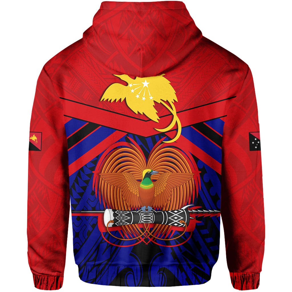 Red hoodie back view with large eagle and winged emblem graphic