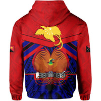 Red hoodie back view with large eagle and winged emblem graphic