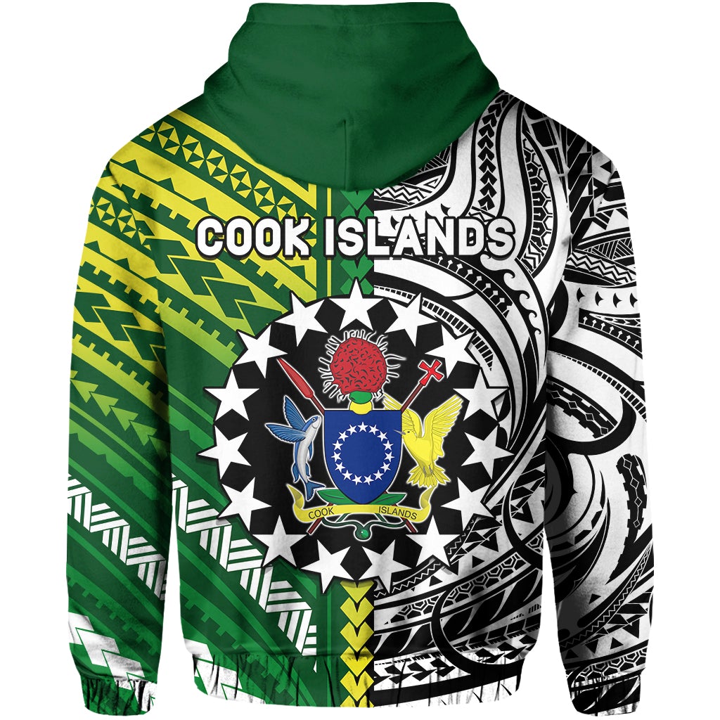 Green pullover hoodie with Cool Islands emblem, tribal zigzag motifs and animal figures