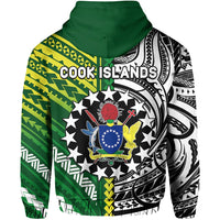 Green pullover hoodie with Cool Islands emblem, tribal zigzag motifs and animal figures