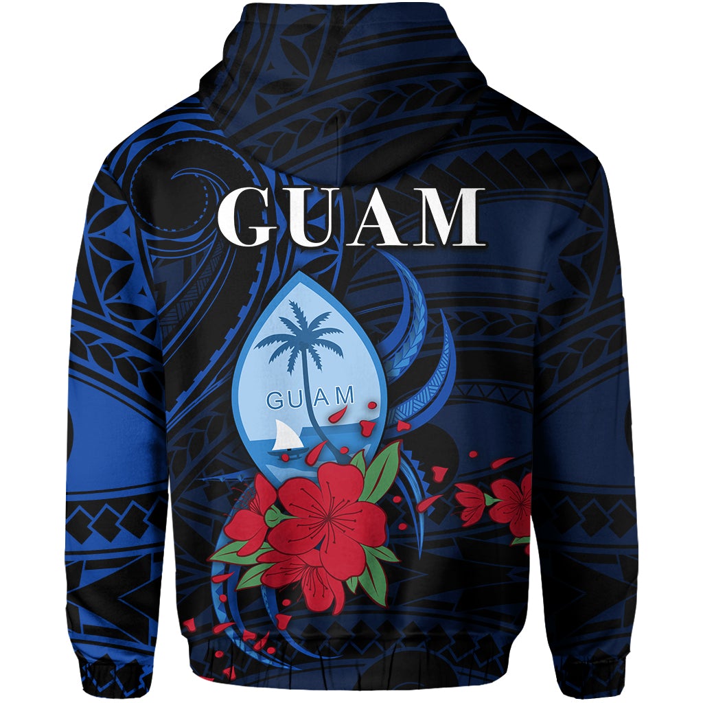 Blue zip hoodie back print with Guam patch, hibiscus flowers and tribal patterns