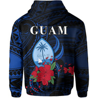 Blue zip hoodie back print with Guam patch, hibiscus flowers and tribal patterns