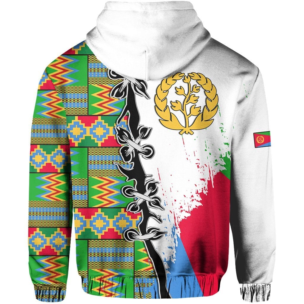 Multicolor Eritrea-themed pullover hoodie, large back/side graphic with patterned panels