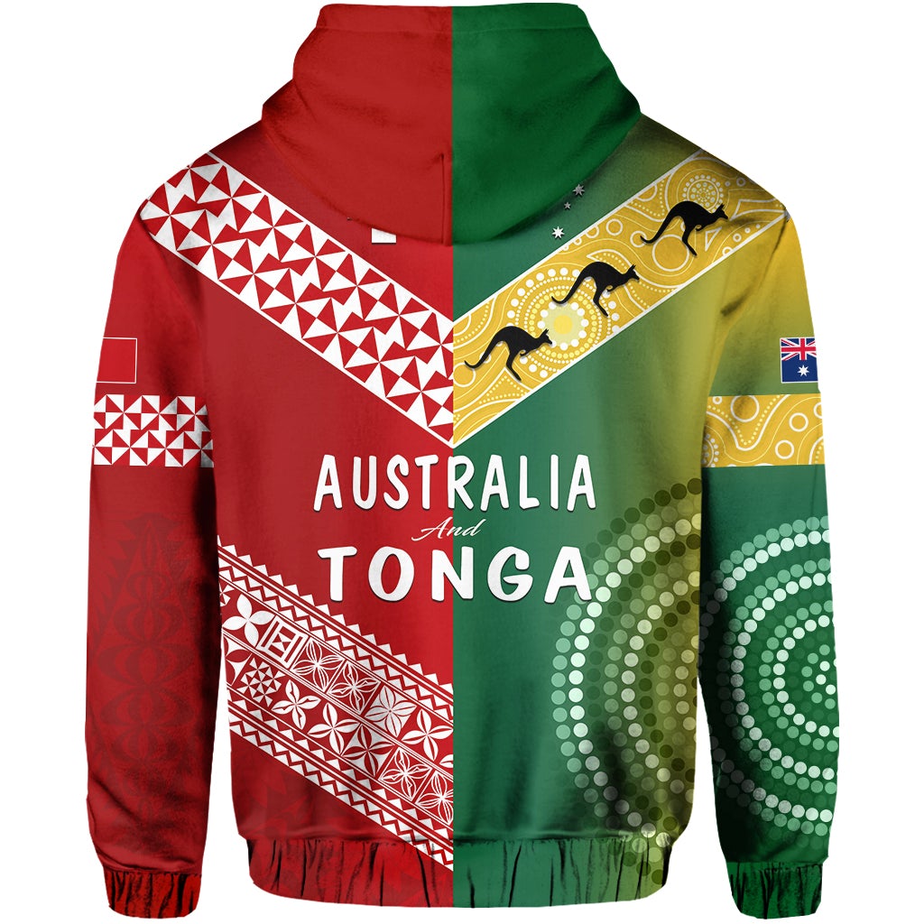 Pullover hoodie back with Australia & Tonga text, patterned tri-color sleeves and hood