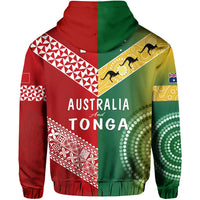 Pullover hoodie back with Australia & Tonga text, patterned tri-color sleeves and hood