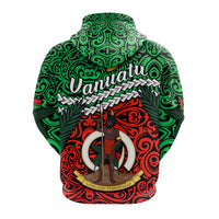 Green pullover hoodie, back view with Vanuatu graphic and tattoo-style swirls