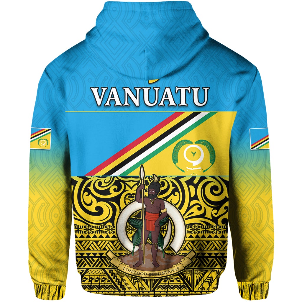 Blue pullover hoodie back print with VANUATU text and warrior emblem