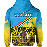 Blue pullover hoodie back print with VANUATU text and warrior emblem