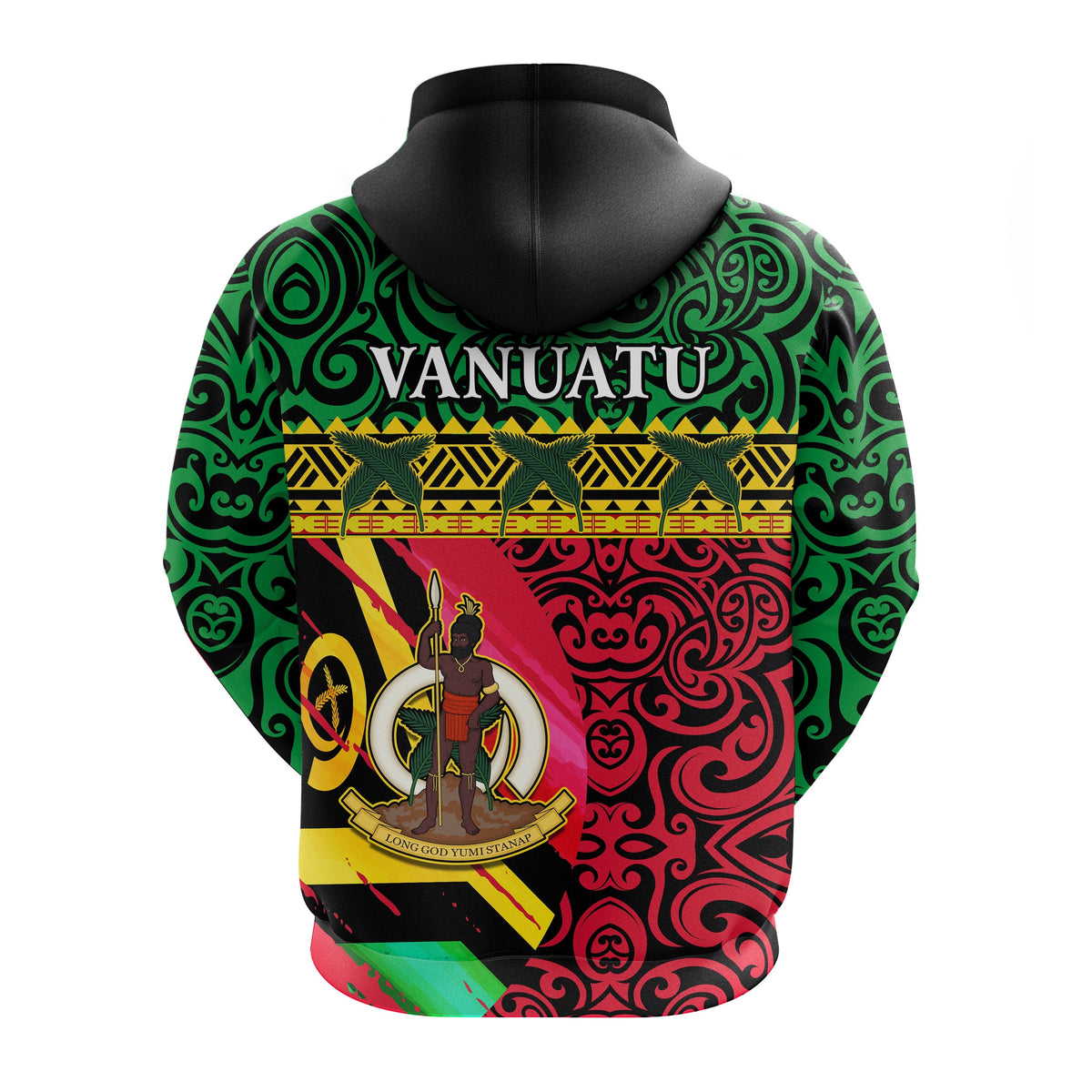 Vanuatu zip hoodie back view, green/red swirl flag print, black hood